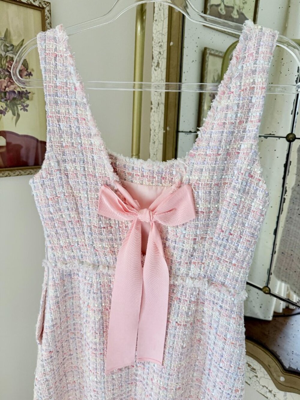 LoveShackFancy Moda Tweed Mini Dress with a Bow - Size 6 - Pink - Picture 9 of 16